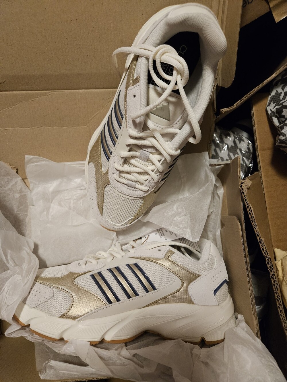 adidas White and Gold Retro Running Sneakers with Navy Stripes